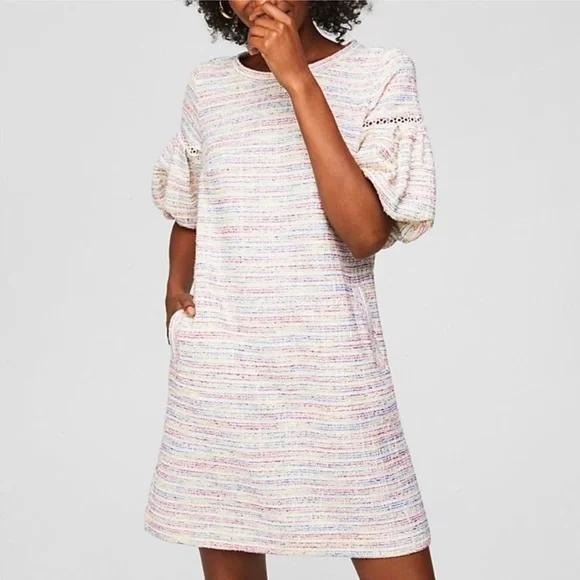 LOFT Dresses & Skirts - LOFT Boucle Cotton Blend Textured Stripe Puff Sleeve Shift Dress Size S